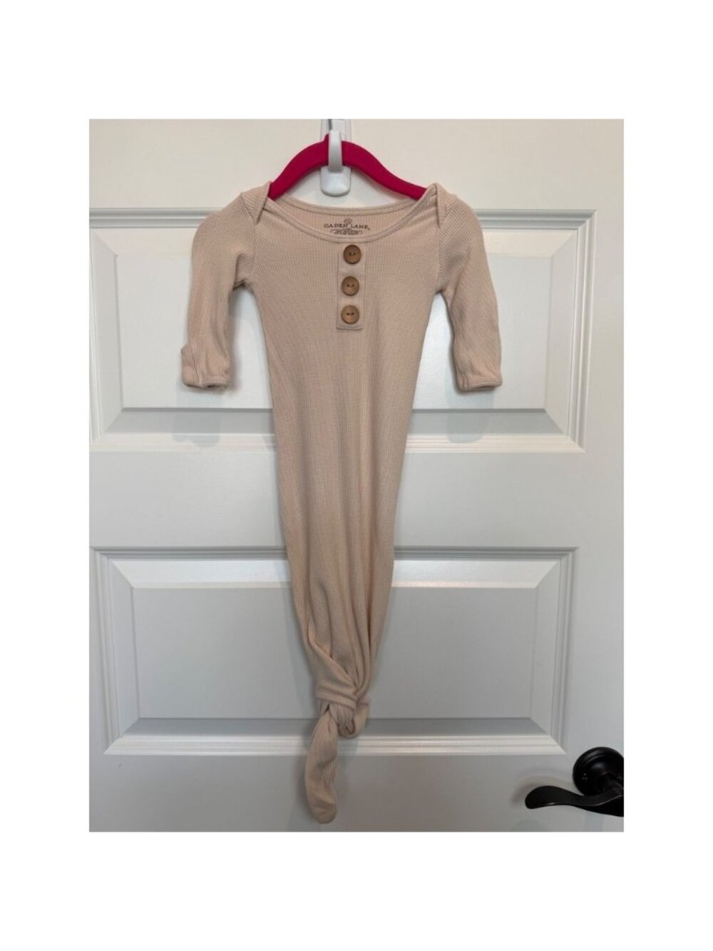 14.Caden Lane Oatmeal Waffle Knit Knotted Baby Gown Henley Mitten Cuffs 7-14lbs